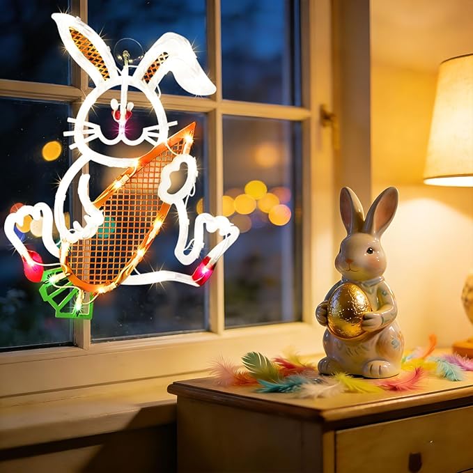 17" 35LED Lighted Bunny with Carrot Easter Decor, Cute Warm Glow for Home, 120V Plug-in, UL Certified