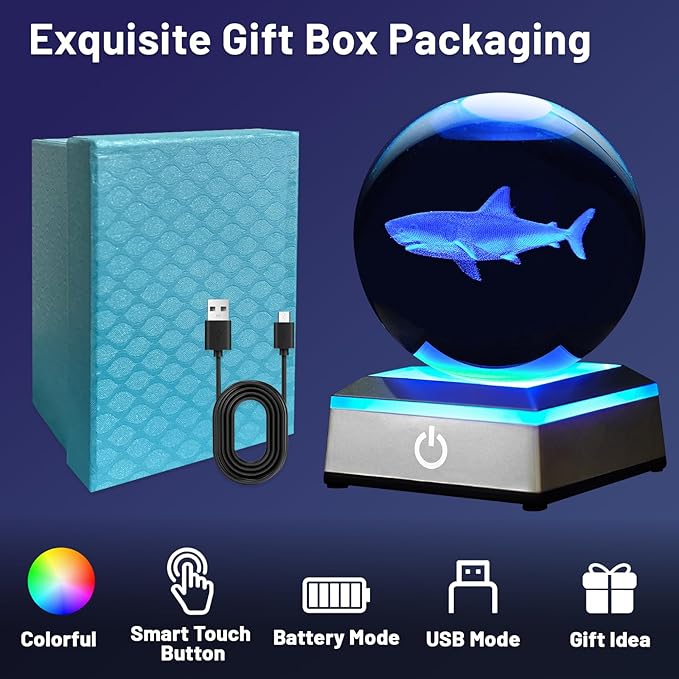 3D Shark Crystal Ball Night Light with LED Colorful Touch Base 3.15 Inch Shark Figurines Glass Sphere Lamp for Birthday Christmas, Cool Shark Home Table Lamp Decor Gifts for Boys Kids Teens Women