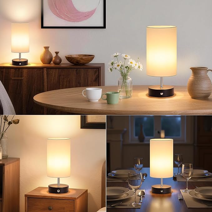 Black Cordless Table Lamp Rechargeable, 6000mAh Battery Operated Bedside Lamps, Portable LED Desk Lamp with Stepless Dimming, Wireless Lamp with White Shade, Modern Touch Small Night Light for Bedroom