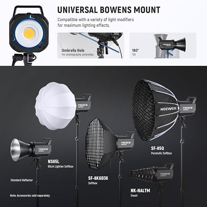 NEEWER FS230B LED Studio Video Light, 230W Bi Colour COB Continuous Lighting with 2.4G/APP Control, 110000Lux/m, 2700K-6500K, CRI 97+, Bowens Mount, Cleaning Cloth for Photography Video Recording