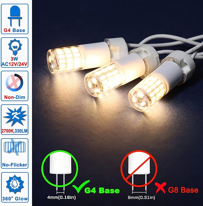 G4 3W LED Landscape Light Bulbs 12V-24V Warm White 2700K,G4 20 Watt 25W 30W T3 Halogen Replacement,Low Voltage T3 JC Bi-pin Bulb for RV Boat Yacht Courtyard Path,No Flicker,330 LM(10Pack)