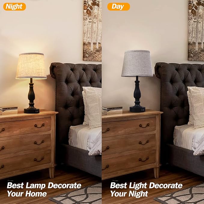 Table Lamps Set of 2, Bedside Nightstand Lamps with USB Charging Ports, 3 Way Dimmable Touch with Linen Fabric Lampshade, Modern Small Lamp for Bedrooms, Living Room (Bulbs Included)