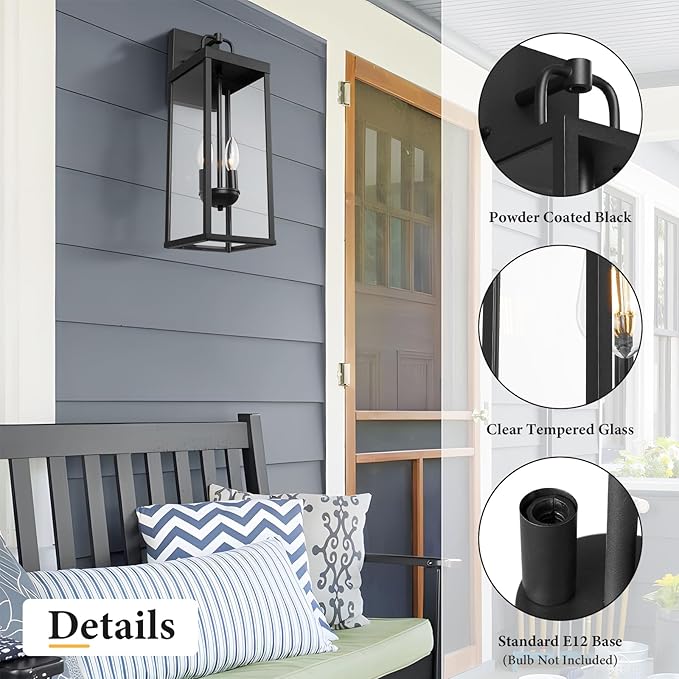 Outdoor Wall Sconce Lights, 20 Inch Tall Transitional Exterior Wall Lighting with Clear Glass, Modern Black Carriage Lantern Lamp Outside for Front Porch Garage Garden Patio Corridor Doorway
