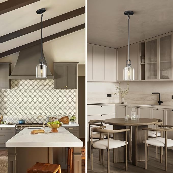 Black Pendant Light Fixtures, Modern Pendant Lights, Indoor Pendant Light for Kitchen Island Dining Room Living Room Bedroom Bathroom, E12 Bulb Included, 2PCS