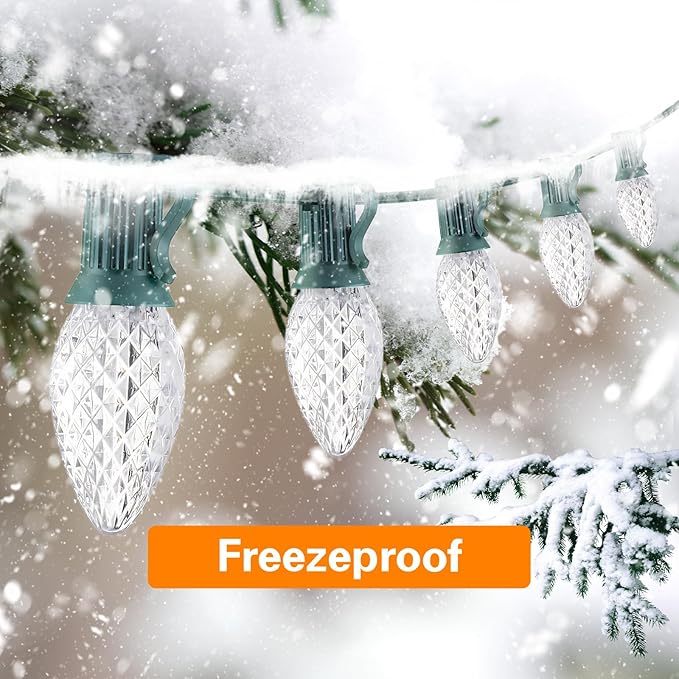25FT C7 Christmas Lights Outdoor, Bright SMD LED String Lights with 25 7000K Cool White Bulbs for Roof, Fence, Winter Ice Themed Holiday Decor