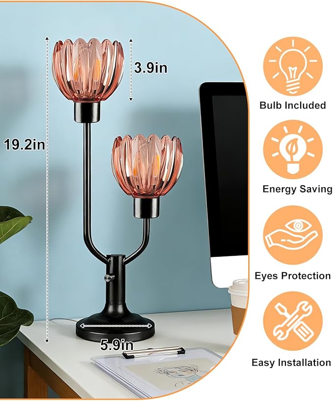 Lightdot Mid Century Modern Glass Table Lamp Black Dimmable U-Shaped Desk Lamps with Deep Red Lotus Glass Shade& 2Pcs 3000K Warmwhite Bulbs Included Bedside Nightstand Lamp for Living Room Bedroom