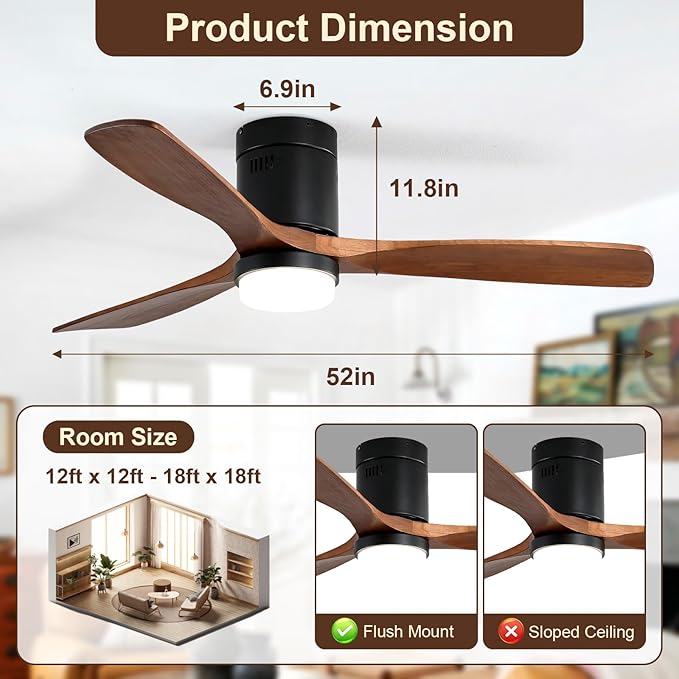 Sofucor 52 Inch Smart Ceiling Fans with Lights, Flush Mount Ceiling Fan with Lights Remote Control, Work with Alexa/Google/App, Quiet DC Motor, 3 Blade Solid Wood Ceiling Fan for Bedroom Kitchen Patio