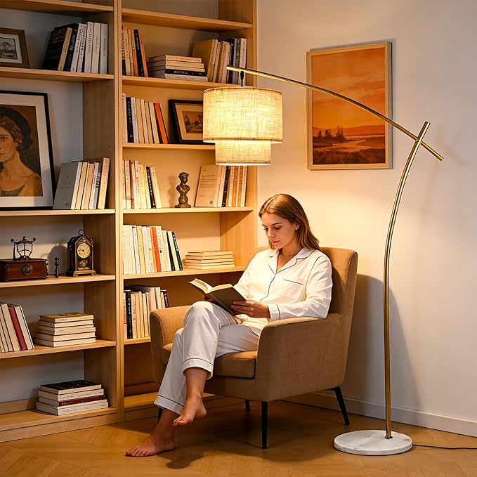 Lightdot Arc RGB Floor Lamp for Living Room, Modern Standing Lamps with Remote Control, Corner Lamp Tall Hanging Pole Lamp with Smart Bulb Included Double Linen Lamp for Bedroom Sofa Beside/Home Decor