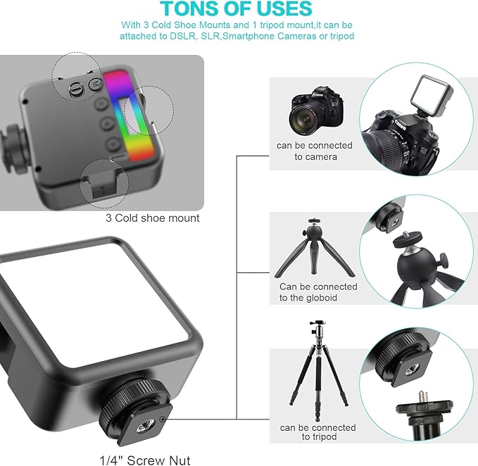 Altson Magnetic RGB Led Video Light LED Camera Light 360° Full Color Portable Photography Lighting Whit 3 Cold Shoe，，2000mAh Rechargeable CRI 96+/2500-9900K/13 Scene (Black)