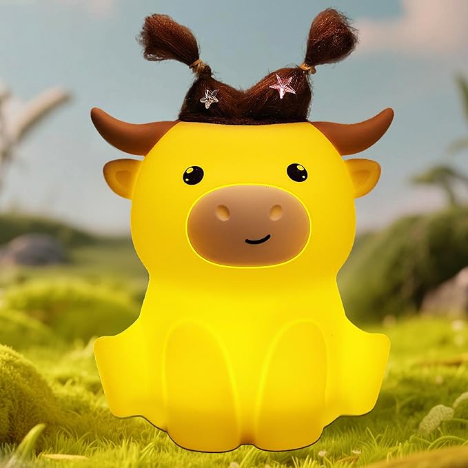 Highland Cow Night Light, Fluffy Cow Squisy Lamp for Kids, Soft Silicone Animal Nightlamp with 2 Levels Dimmable & 20 Mins Timer, Rechargeable LED Light Gifts for Baby Boys Girls