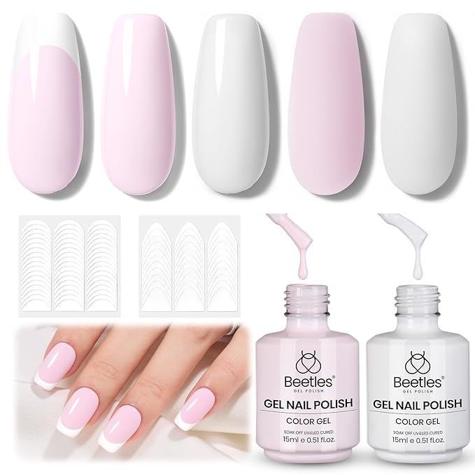 Beetles French Tip Gel Polish Set - Spring White Pink Gel Nail Polish Set 15ML Full Size Soak Off UV LED with 2 Styles Classic French Nail Art Sticker Sheets Manicure DIY Home Salon Gifts for Women