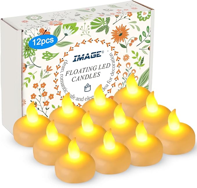 IMAGE Floating Candles, Flameless Floating LED Tea Lights 12 Pack Waterproof Tealight Candles for Wedding Party Spa Home Indoor Outdoor Decor-Yellow