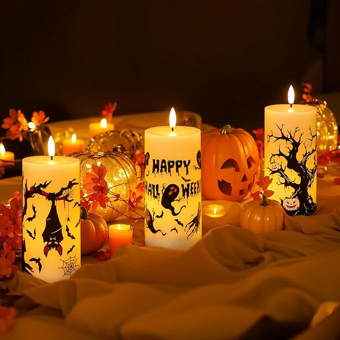 Halloween Decorations Ghost Bat Flameless Halloween Candles with 6H Timer, Battery Operated LED Candles for Halloween Decor Indoor