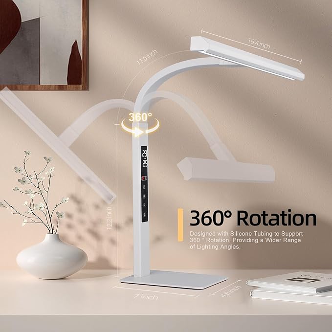 LED desk lamp for home office, architect computer work light,Touch color temperature stepless dimming and adjustable flexible gooseneck tube. desk lamp with clock , suitable for reading and studying.