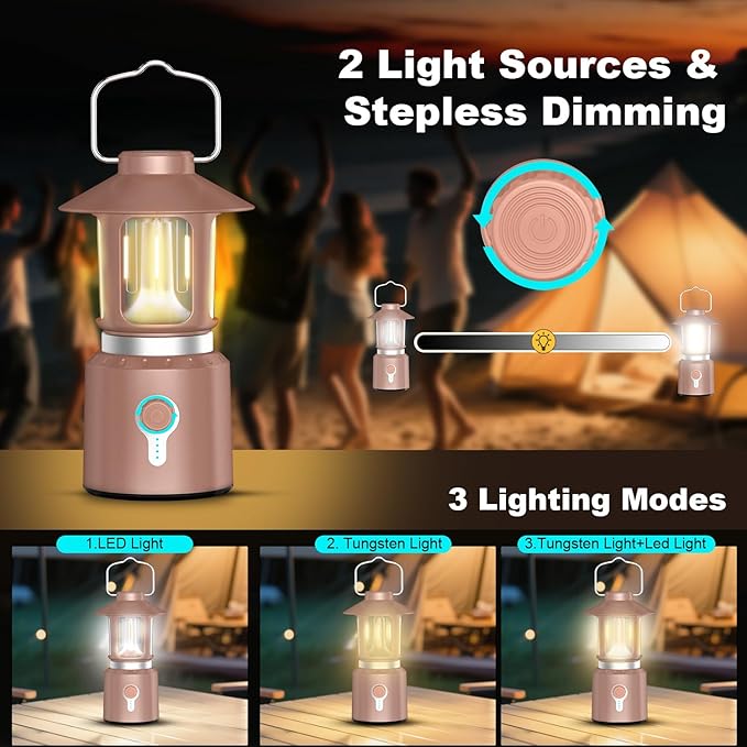Telescopic LED Camping Lantern, 8000mAh Battery Powered Vintage Camping Lights, 3 Light Modes, Stepless Dimming Tent Lights, Portable Emergency Light for Power Outages, Outdoor Work, Hurricane, Hiking