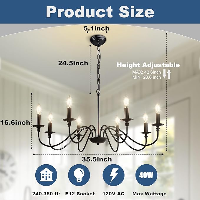 Depuley Black Chandelier Light Fixture: Vintage 8-Light Candle Chandeliers for Dining Room Lighting - Modern Hanging Pendant Lights Kitchen Island - Farmhouse Chandelier Chandeliers for Bedroom