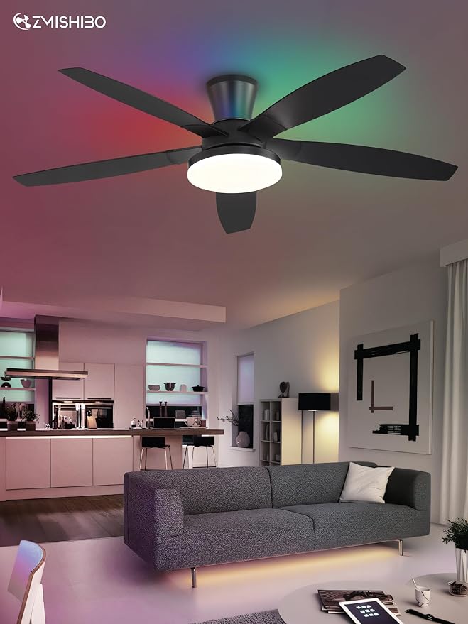 ZMISHIBO 52 inch RGB Ceiling Fans with Lights and Remote/APP Control,Black Low Profile Ceiling Fan with Quiet DC Motor,LED Dimmable, Modern Flush Mount Ceiling Fan for Bedroom Indoor,Party, Patio