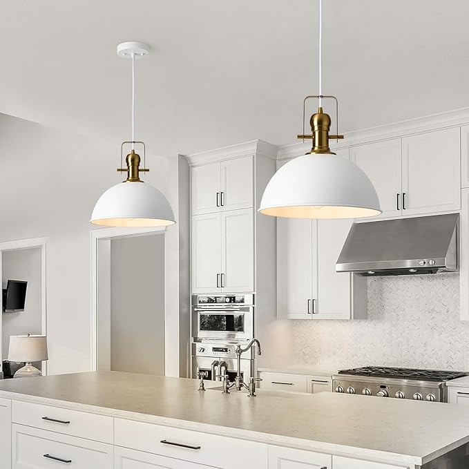 12 Inch Sandy White Farmhouse Pendant Lights for Kitchen Island Industrial Adjustable Height Vintage Dome Hanging Light Fixtures for Barn,Dining Room 3 Packs