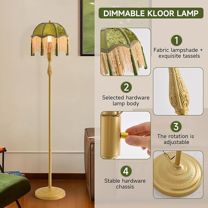 WEILASA Retro Tassel Floor lamp with Adjustable Light Simple Upright Metal Base LED Night lamp for Room 13”Wide, 62.7”High