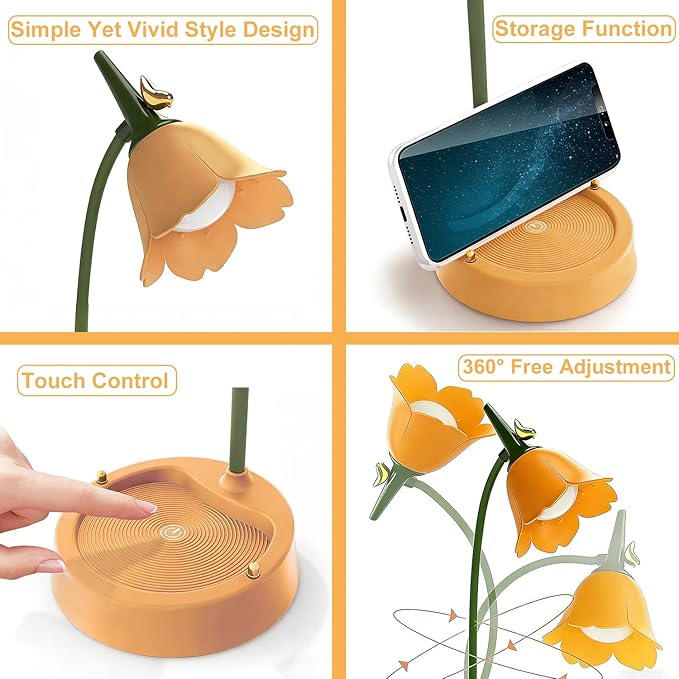 LED Desk Lamp Cordless Table Light Adjustable Gooseneck Dimmable Touch Rechargeable Battery Eye-Caring Night Light for Kids, Mini Cute Lamp for College Dorm Bedroom Reading, Yellow