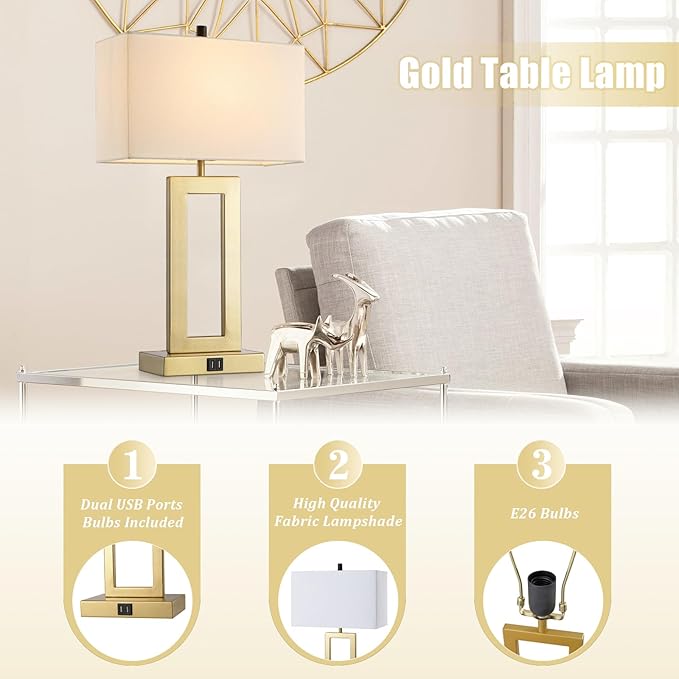 Gold Table Lamps Set of 2 with Dual USB Ports,3-Way Dimmable Touch Control Bedside Lamps,22inch Tall Modern Bedroom Table Lamp for Living Room,Nightstand LED Bulbs Included
