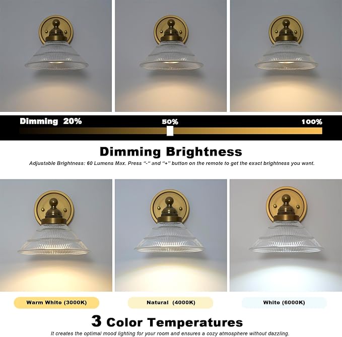 HEQIQEH Vintage Battery Operated Wall Sconce with Clear Ribbed Glass Shade, Dimmable Cordless Wall Lamp with Remote Control for Indoor Bedside, Hallway, Porch, Kitchen, Vanity Bathroom（1-Pack）