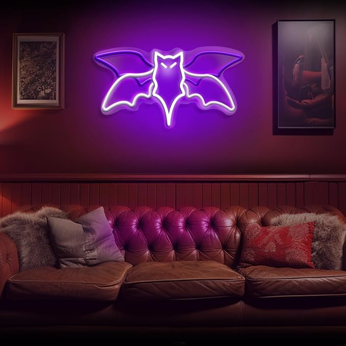 Bat Neon Sign – Flying Bat LED Wall Sign for Halloween, Gothic Room Decor, Witchcraft Festival Decor, Horror Party Wall Art, 15" x 7.7"