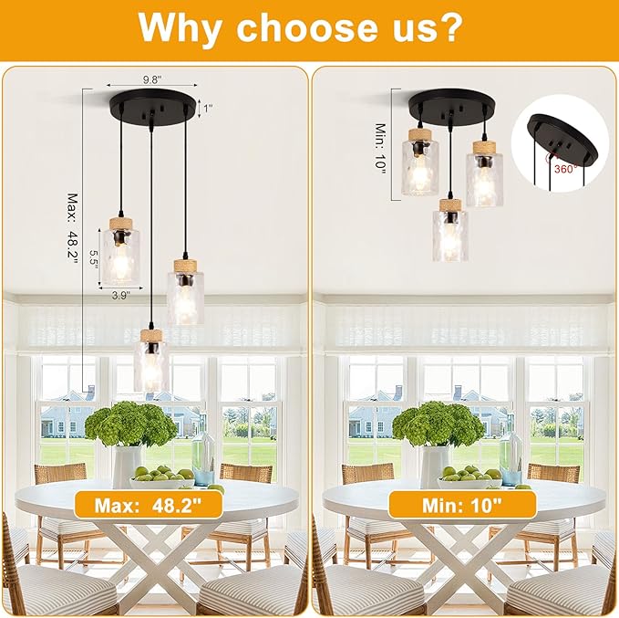 Modern Pendant Lights Kitchen Island, 3-Light Black Pendant Light Fixtures with Clear Hammered Glass Shade, Industrial Farmhouse Hanging Pendant Lights Fixture for Kitchen Island Dining Room Entryway