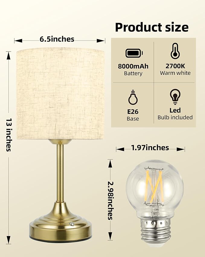 Wireless Lamp, 2-Pack, 8000mAh, Dimmable, Ambient Light, 2700K, Touch Control, Portable, Small, LED, Rechargeable Table, Rechargeable, Cordless, Desk Lamp, Kitchen Lamp, Fabric Shade, for Dining Room