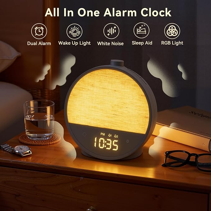 Vivilumens Sunrise Alarm Clock, Gentle Wake-Up Light & Sound Machine, Dual Alarms for Heavy Sleepers Adults, Natural Sounds, RGB Mood Light, Dimmable Bedside Night Lamp Ideal for Bedroom & Gifts