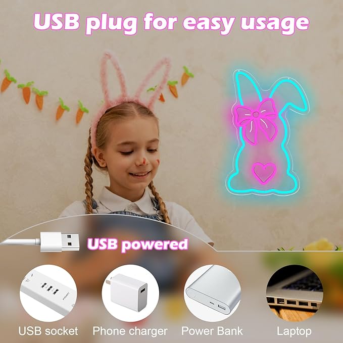 Easter Neon Sign Bow Neon Lights for Wall Bunny LED Sign Cute Rabbit Neon Light Sign for Bedroom Living Room Happy Easter Decorations Light Sign Neon Wall Art for Home Office