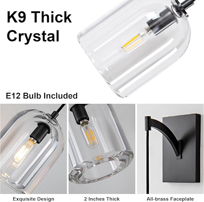 Modern Crystal Wall Sconce, Black Hemisphere Wall Sconce, Black Wall Lamps Indoor for Bedroom Bathroom Vanity Light Fixtures Includes Bulbs
