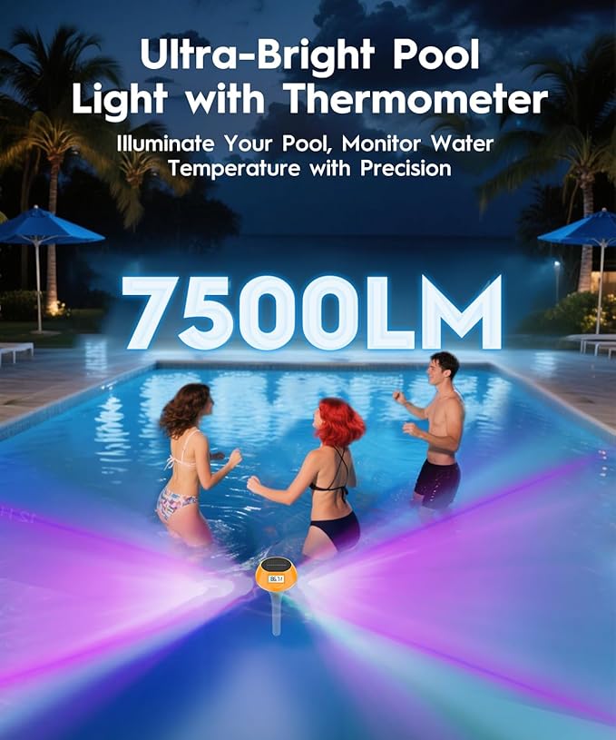 Solar Pool Lights for Inground Above Ground Pool, 22-Color 5-Mode, IP68 Waterproof Floating Pool Lights with Backlit Display, Magnetic Charging and Thermometer for Swimming Pool, Ponds, Tub, Spa