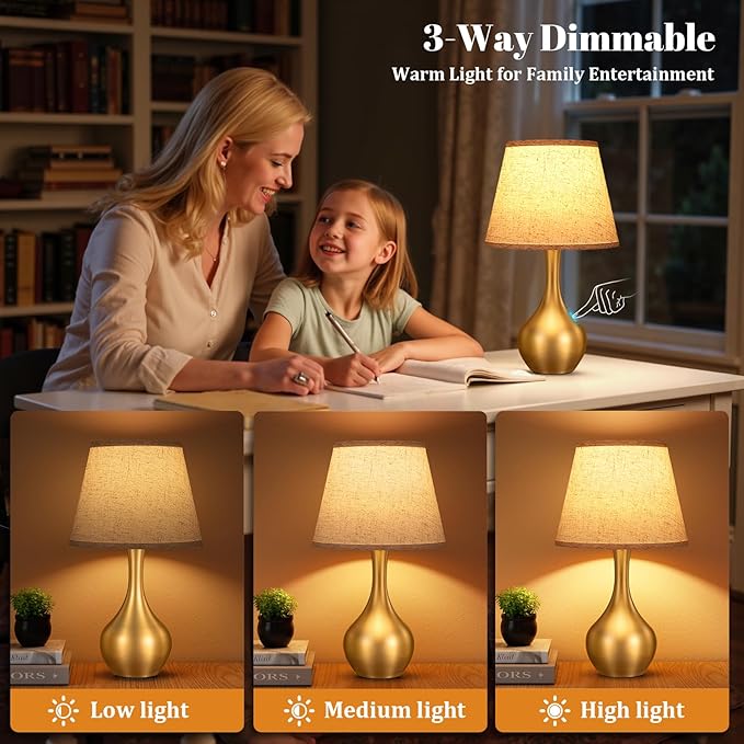 Seealle Touch Table Lamp for Bedroom, 3-Way Dimmable Small Bedside Lamps for Night Stands with Wires, Gold Desk Lamp for Kids Room, Office, Living Room, End Table(LED Bulb Included)