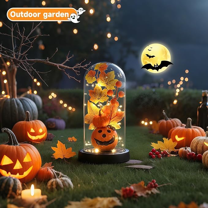 Halloween Decor -Jack-o'-Lantern- Decorations Indoor - Adorably Spooky Light-Up Pumpkin in Glass Cloche, Glowing Smiling Face Night Light for Home, Mantel & Party Halloween Displays