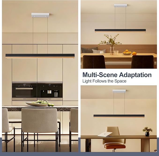 43" Wood Linear Pendant Light, 24W LED Dimmable Hanging Pendant Light, Wood Linear Chandelier with Remote, Modern Pendant Lights Kitchen Island for Dining Room, Bar, Office-Natural