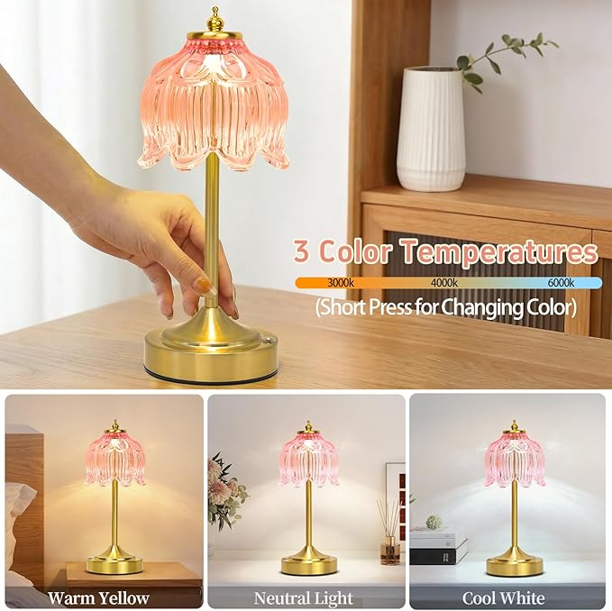 Cordless Lotus Flower Table Lamp, 5200mAh Rechargeable Battery Operated Portable Lamp, 3-Color Dimmable Touch Control Small Desk Lamp for Bedroom, Office, Kitchen, Nightstand,Room Decor (Flower Pink)