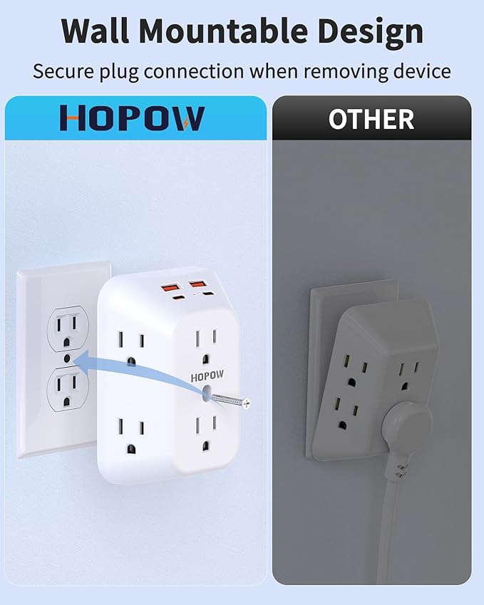 Outlet Extender Surge Protector, 6 Outlet Splitter with 4 USB Ports (2 USB C), USB Wall Charger, 3-Sided 1050J Multi Plug Wall Outlet, Wall Mount for Home Travel Office Travel, White
