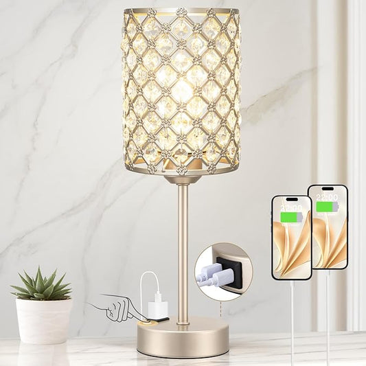 Hong-in Champagne Gold Lamps for Night Stands-Crystal Table Lamp with USB-C+A & AC Charging Ports, 3-Way Dimmable Nightstand Touch Lamp, Bedside Desk lamp for Bedroom Living Room Home Office