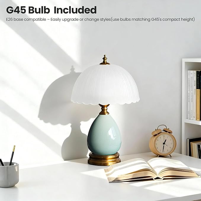 Decorative Ceramic Table Lamp with Frosted Glass Shade, Small Bedside Nightstand Lamp with Dimmable Light, 6ft Cord, E26 Bulb Included for Bedroom & Living Room