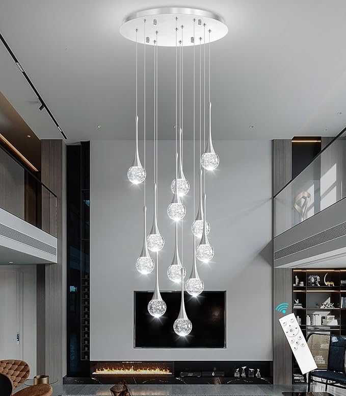118 inches Modern Glam Crystal Chandelier for High Ceiling LED Dimmable Ceiling Pendant Light Staircase Foyer Enterway Living Room Chandelier Lighting Brushed Nickel 12 Lights