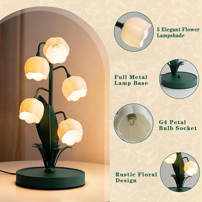 Flower Table Lamp, Lily of The Valley Lamp for Bedside Accent 3 Color Modes Cottagecore Soft Reading Night Light for Bedroom, Corner, Dorm, Entrance Home Vintage Decor (Dark Green)