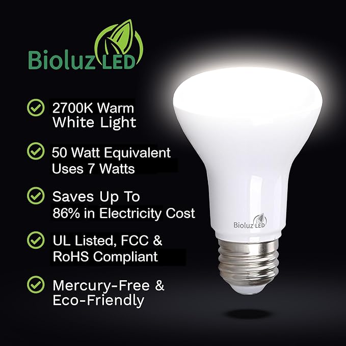 Bioluz LED 10 Pack BR20 LED Bulbs Indoor Flood Light R20 Dimmable High CRI 2700K Warm White, 50 Watt Equivalent Uses 7W, 540 Lumens UL Listed FCC RoHS Compliant