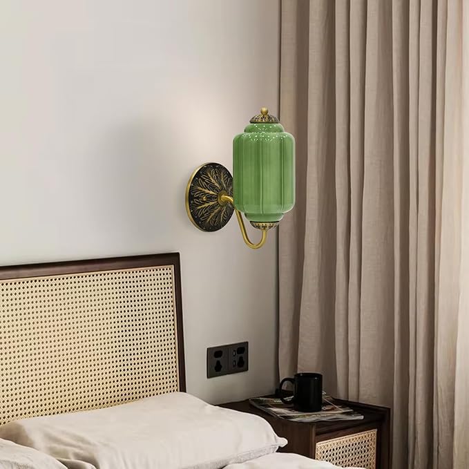 Vintage Mike Green Glass Wall Sconce - Milk Glass Shade Antique Brass Indoor Wall Light for Bedroom, Living Room, and Hallway