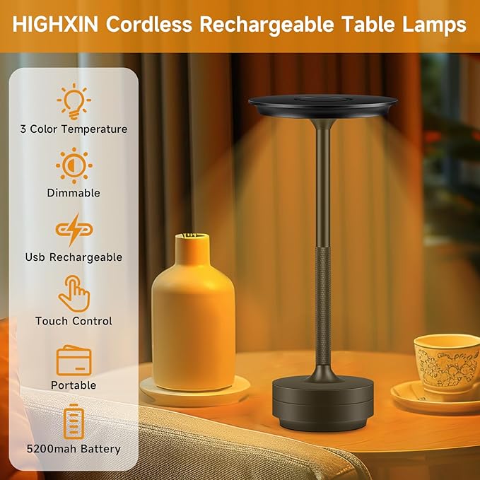 Cordless Rechargeable Table Lamps, Portable Led Ecolume Dining Table Light with Touch Control & 3 Color Dimmable, 5200mAh Battery Powered Vueeze Table Lamp for Outdoor Patio Dinner Restaurant (Black)