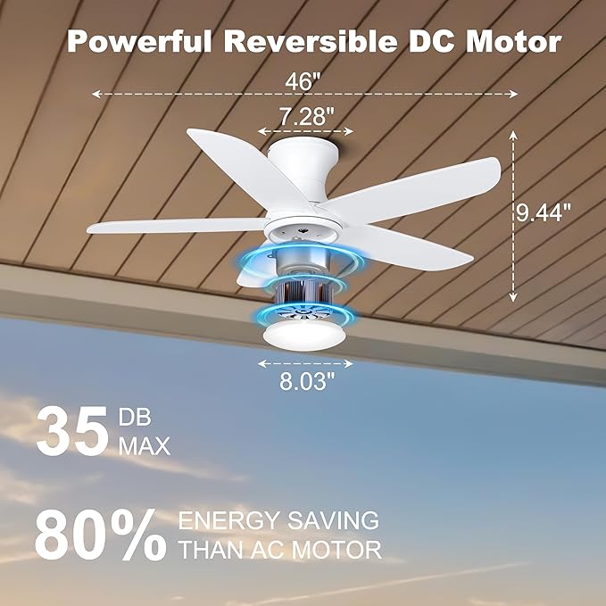 Ohniyou 46'' Ceiling Fan with Lights, Low Profile Ceiling Fans Remote/APP Control - Dimmable, Silent DC Motor, Indoor Ceiling Fan for Bedroom Kitchen, White