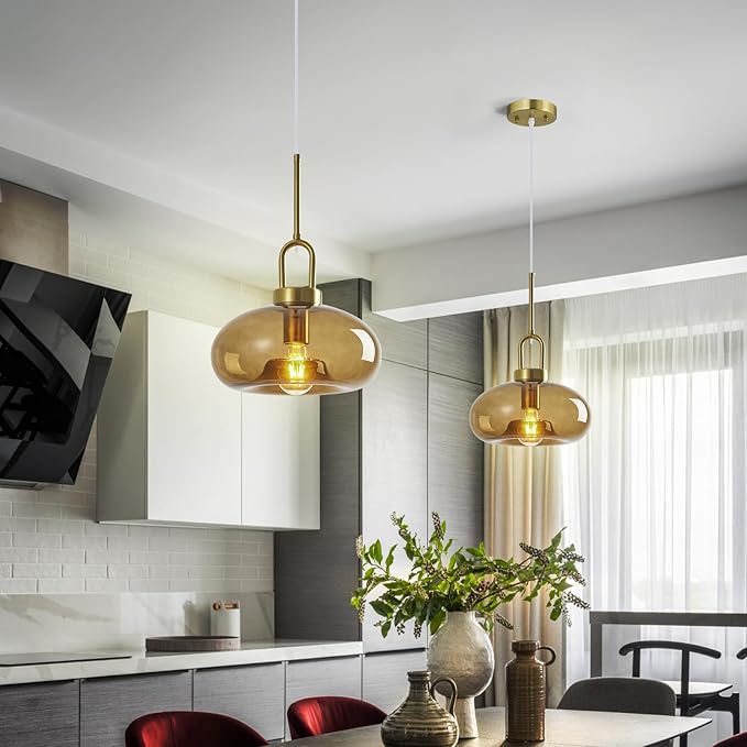 Brown Glass Pendant Lights Kitchen Island Gold Pendant Light Fixtures Adjustable Height Modern Pendant Lighting for Bedroom Dining Room (1-Pack)