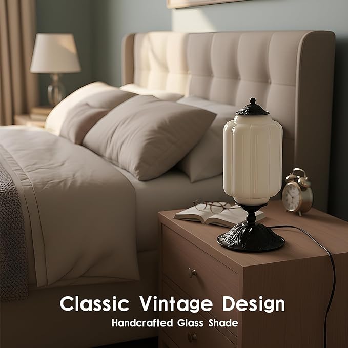 Vintage Milk Glass Touch Table Lamp, Elegant white Glass Bedside Desk Lamp 3 Way Dimmable with USB C+A Charging Ports - Bedroom Nightstand & Living Room Essential, 4W Bulb Included (white, 6.5)