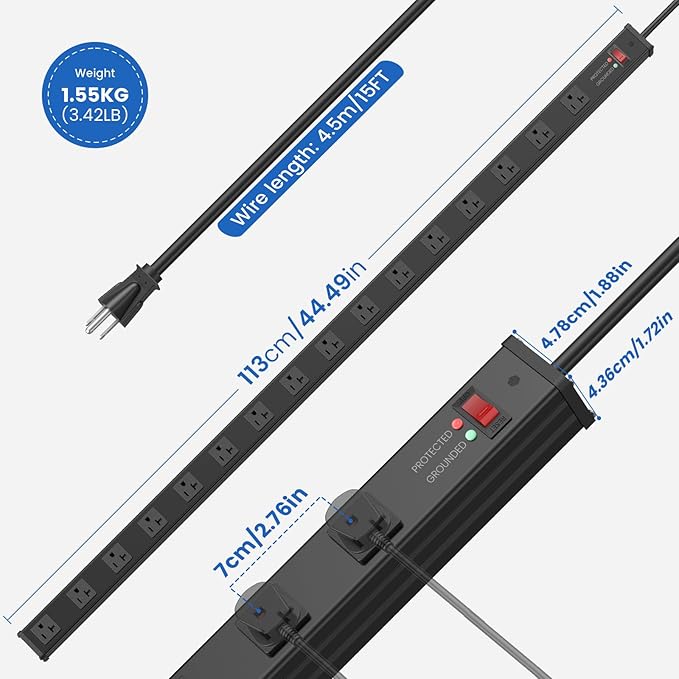 JUNNUJ Long 16 Outlet Power Strip Surge Protection 4800J, Wide Spaced Industrial Heavy Duty Outlets with 20Amp Switch, High Amp Extension Cord 6-20R T-Slot 15FT Black