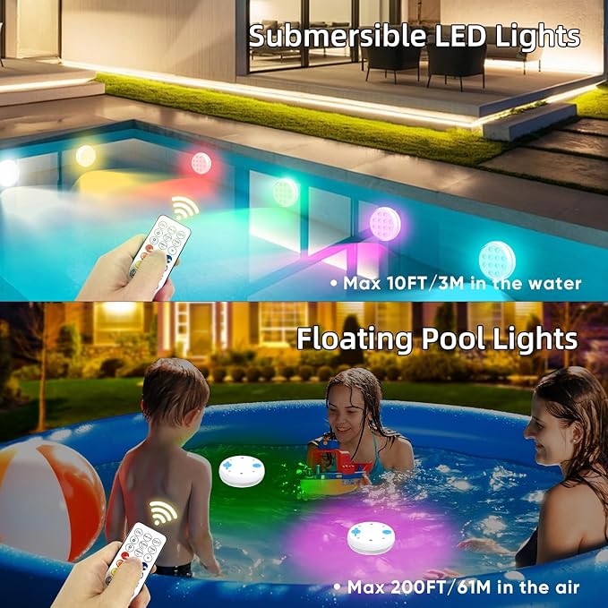 Pool Lights, Submersible LED Lights with Remote, IP68 Waterproof 16 Color Rechargeable Floating Lights, Built-in Magnet Underwater Lighting for Inground Above Ground Pool Fountain (6 Pack)